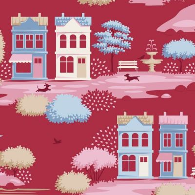Tilda Village Life, village Burgundy Cotton