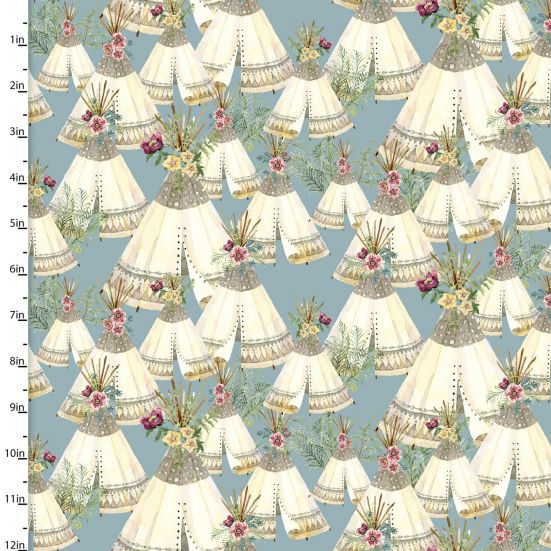Forest Friends Pink Tents Blue Cotton