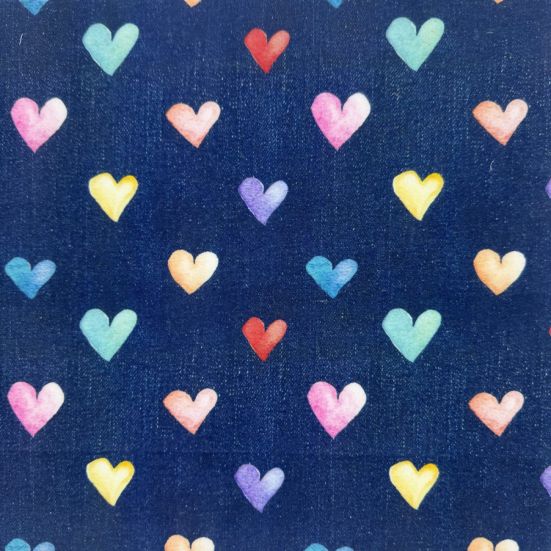 Denim Hearts digitally printed polycotton